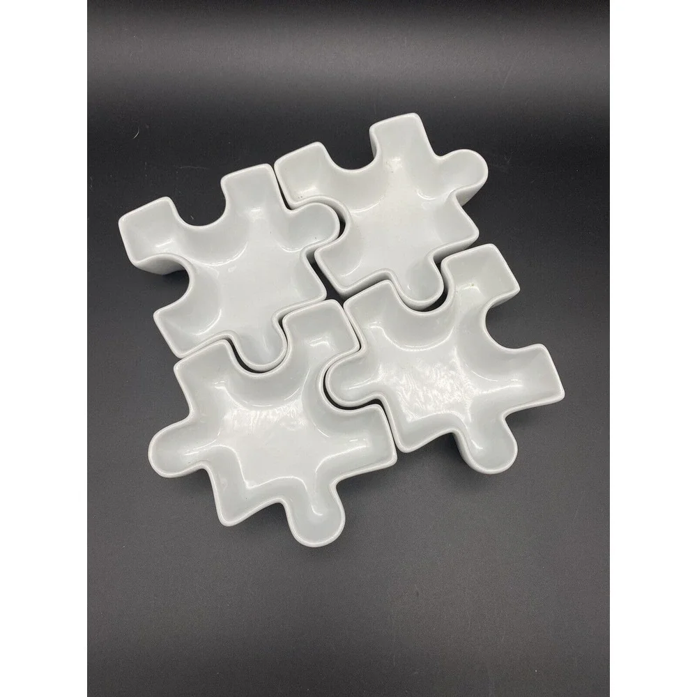 4 JIGSAW PUZZLE‎ PIECES CONDIMENT BOWLS DIPPING SAUCE WHITE Made In France